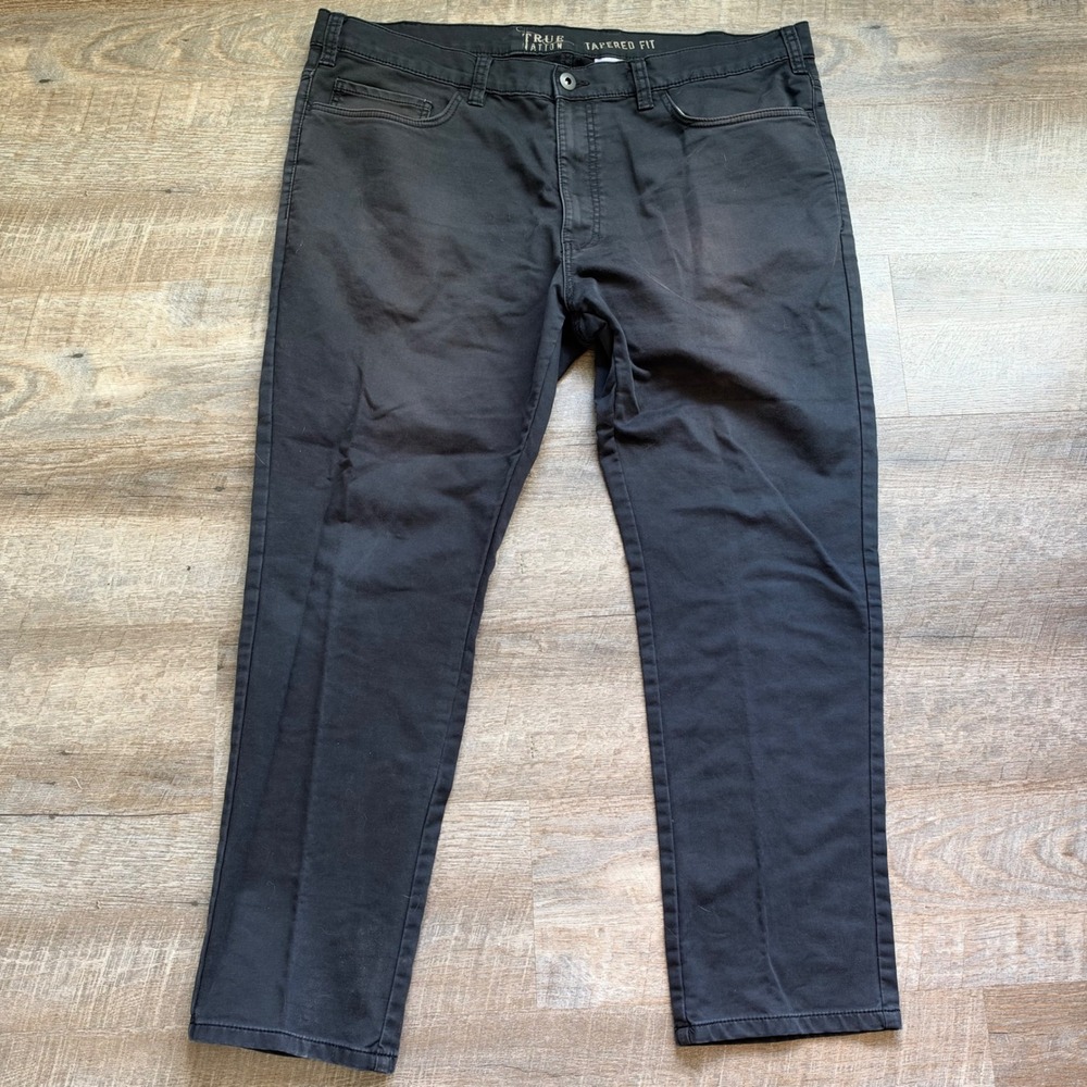 True Nation Tapered Fit Pants 44x28 Tapered Black Solid Stretch Comfort